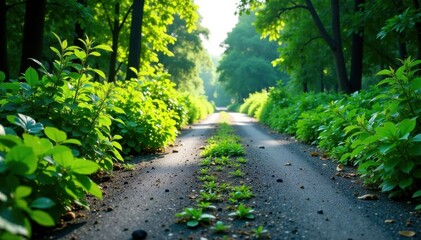 Fototapeta premium Overgrown vegetation on cracked asphalt , vegetation, asphalt, urban neglect