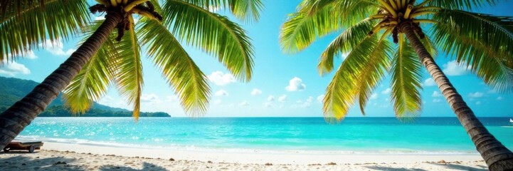 Fototapeta premium Palm trees sway gently in warm ocean breeze, with sandy beach and turquoise water in the background , beach, weather, turquoise