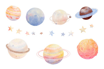 Watercolor set with colorful planets and stars. Isolated cartoon collection for your baby print, childish wallpapers or textile, cute set of hand drawn design elements.