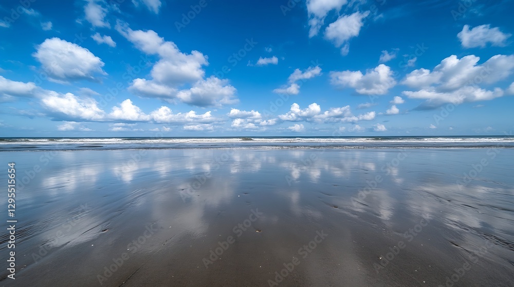 Aufkleber vast beautiful beach under a bright blue sky with fluffy clouds reflecting in the wet sand : generat