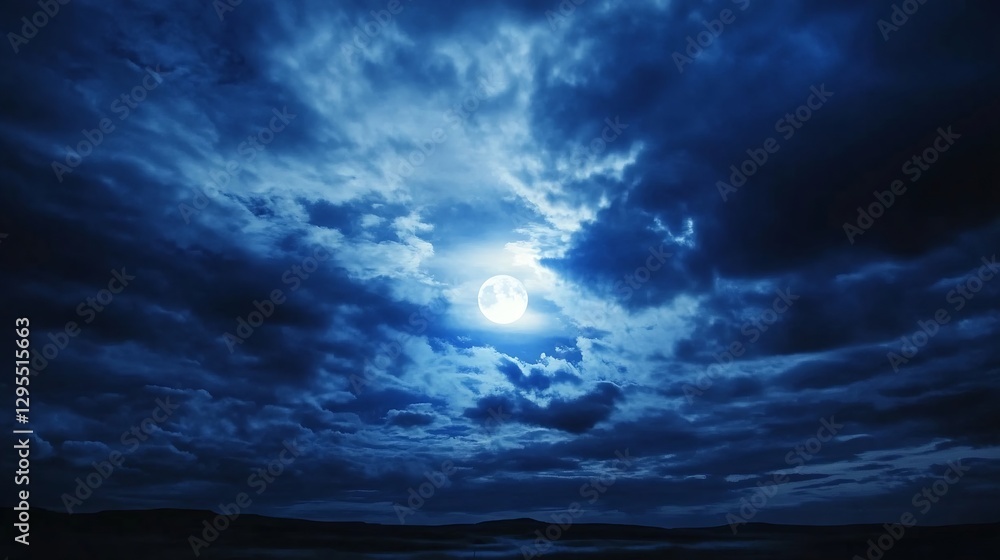 Poster moonlight shining through dark clouds in a mystical night sky creating a dramatic atmosphere : gener