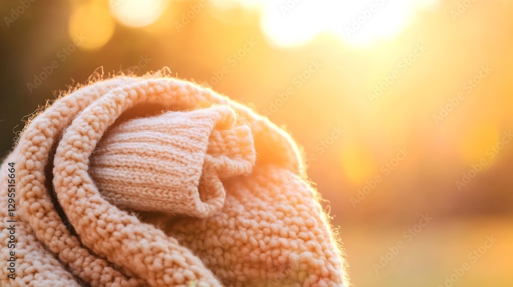 Poster textured cozy knitted blanket in bright sunshine with gentle bokeh effects in the background : gener