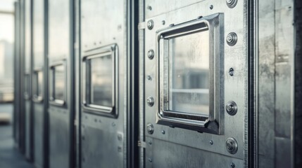 Close up of metal boxes with small window openings