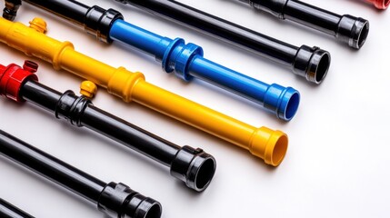 Variety of colorful pipes and plumbing supplies on white