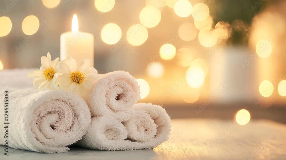 Poster soft folded towels with a candle and flowers creating a relaxing and cozy atmosphere for a spa exper