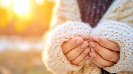 Warming Hands Holding a Cup of Hot Drink While Watching Sunset : Generative AI