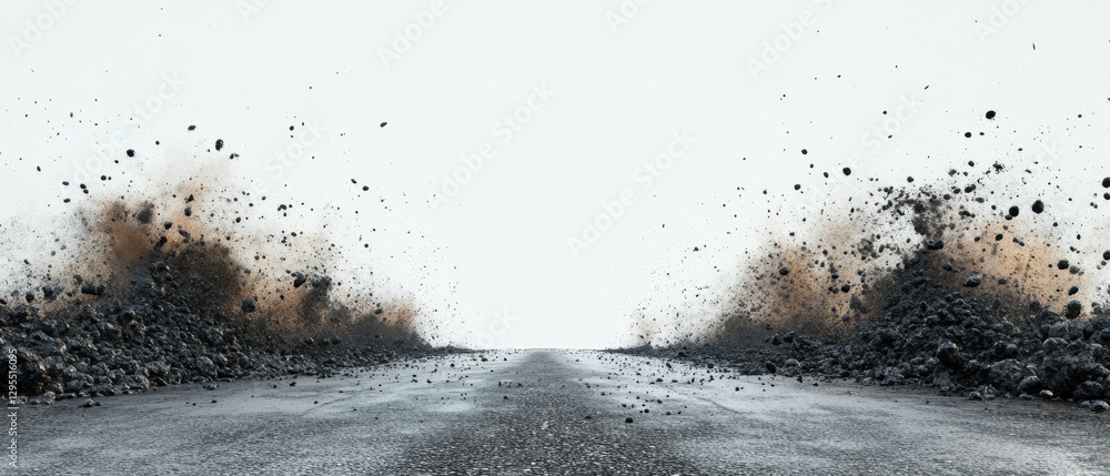Aufkleber dynamic ground explosion with scattered debris and dust on a desolate road against a bright backgrou