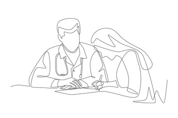 The doctor is guiding the patient to fill out the clinic documents. Filling out clinic paperwork concept one-line drawing