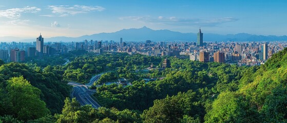 Obraz premium Verdant Taipei Panorama Capturing Cityscape Majesty with Lush Greenery and Distant Mountain Peaks Under Azure Sky Serenity from High Angle
