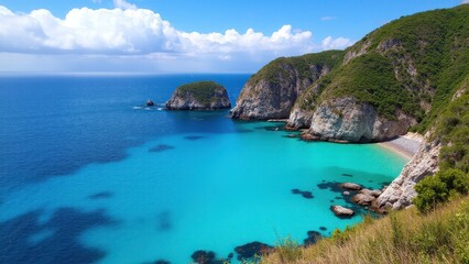Fototapeta premium A stunning view of Six Mile Cove with turquoise waters, rocky cliffs, and lush greenery