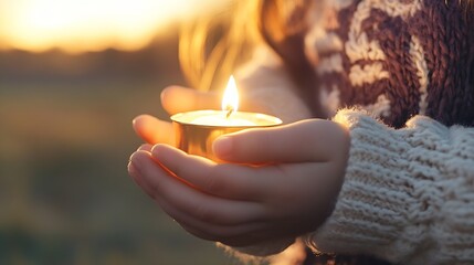 Warm Candlelight Glow in Hands of Child During Sunset Evening : Generative AI