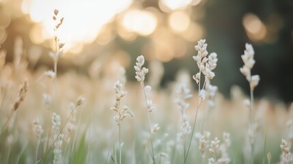 Golden Field of Wildflowers Bathed in Soft Sunset Light and Dreamy Bokeh Background : Generative AI