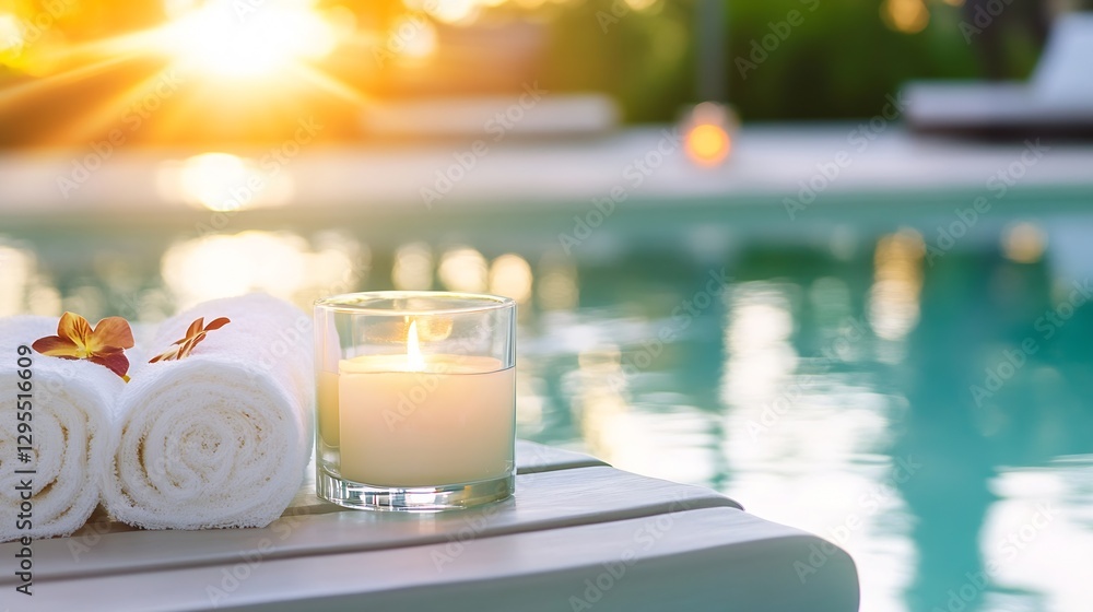 Poster Relaxing Setting with Candles Soft Towels and Pool Oasis During a Sunset : Generative AI