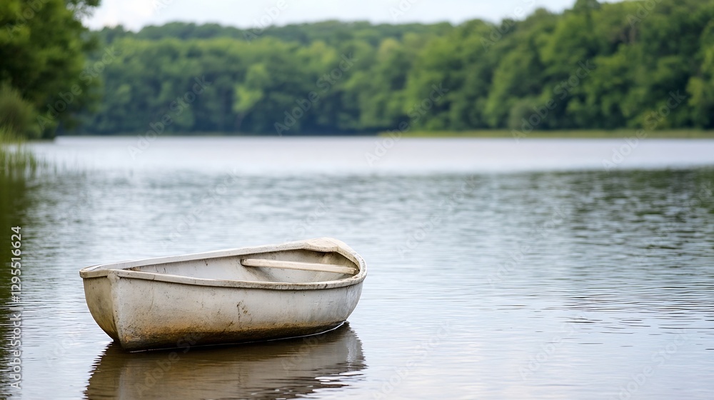 Aufkleber Old weathered boat gently floating on quiet river surrounded by lush trees and greenery : Generative AI
