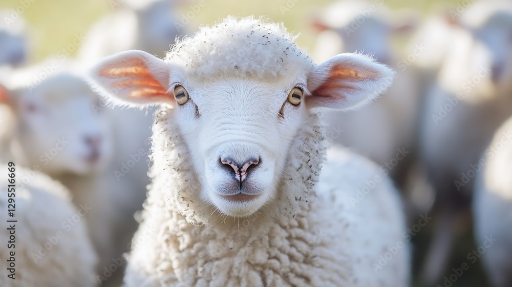 Poster Closeup portrait of a curious sheep with soft wool and bright eyes gazing towards the camera in a pastoral setting : Generative AI