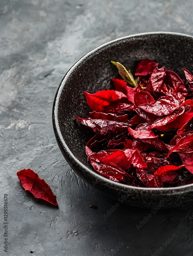 Leinwandbilder artistic display of dried red leaves in a rustic black bowl on a textured surface : generative ai