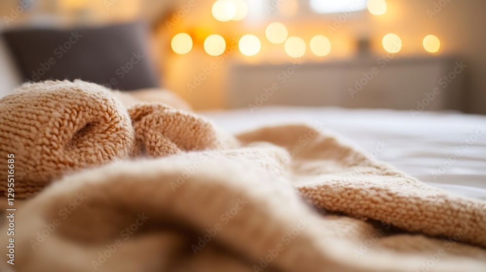 Poster Soft focus of a warm knitted blanket and string lights creating an inviting atmosphere : Generative AI