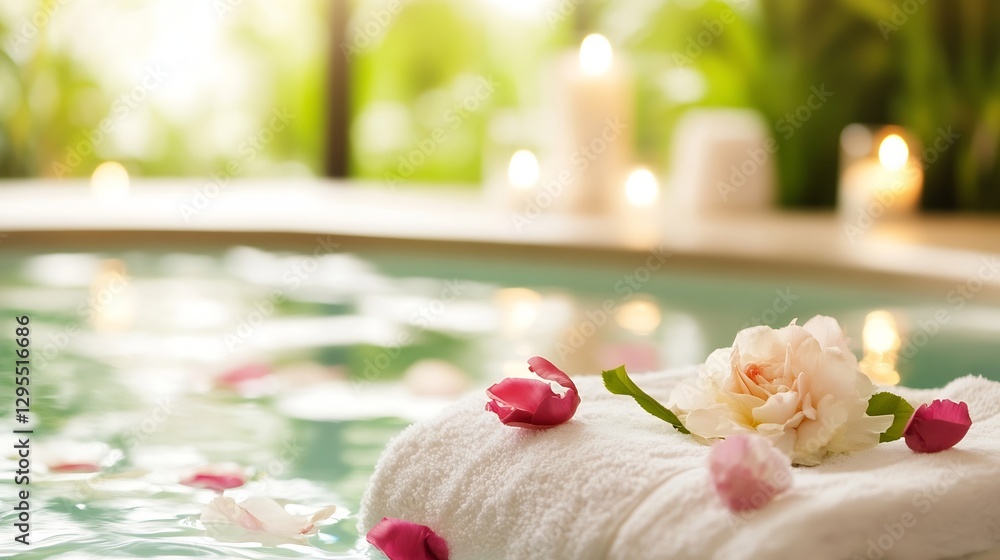 Poster Luxurious Spa Setting Featuring Soft Towels Rose Petals and Candles for a Relaxing Atmosphere : Generative AI