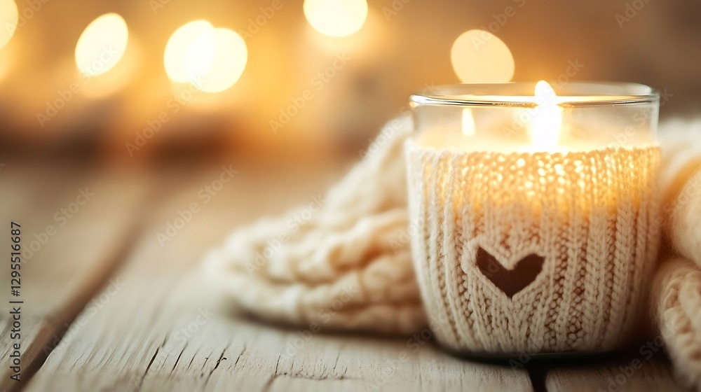 Poster Decorative candle wrapped in cozy knit with heart design glowing softly to create ambiance : Generative AI