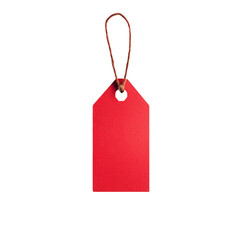 Red price tag with string hanging blank label retail sale discount offer,