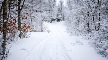 Fototapeta premium Winter wonderland scene featuring a snowy trail winding through a serene forest landscape : Generative AI