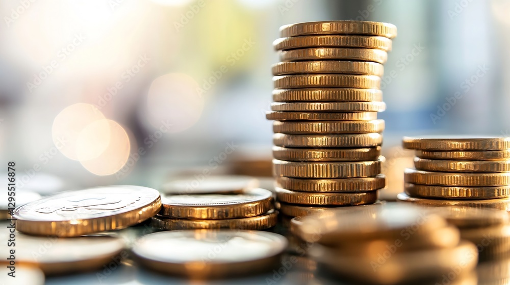 Poster stacks of shiny gold coins creating a beautiful bokeh effect symbolizing wealth and finance concepts