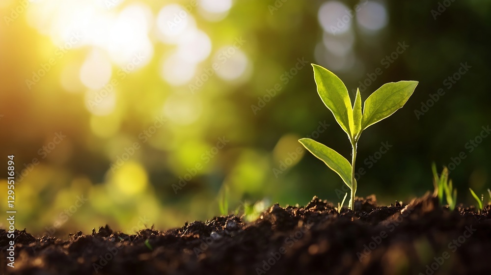 Poster fresh green seedling growth in rich soil under warm sunlight symbolizing new beginnings : generative