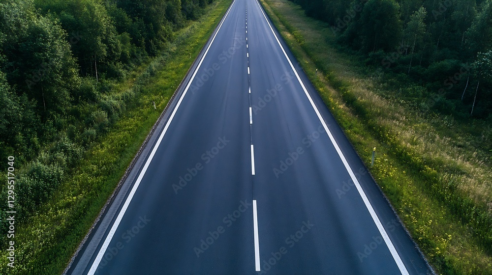 Aufkleber Aerial view of an empty highway stretching through lush greenery and open fields : Generative AI