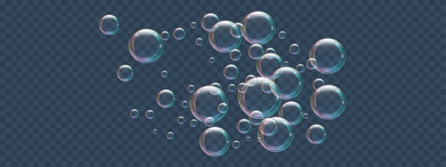 Underwater bubbles on a blue background. Water flow in an ocean, sea, aquarium. Air sparkles rise to the surface. Realistic clear balls. Fizzing bubble soda. Splash effect. Vector illustration