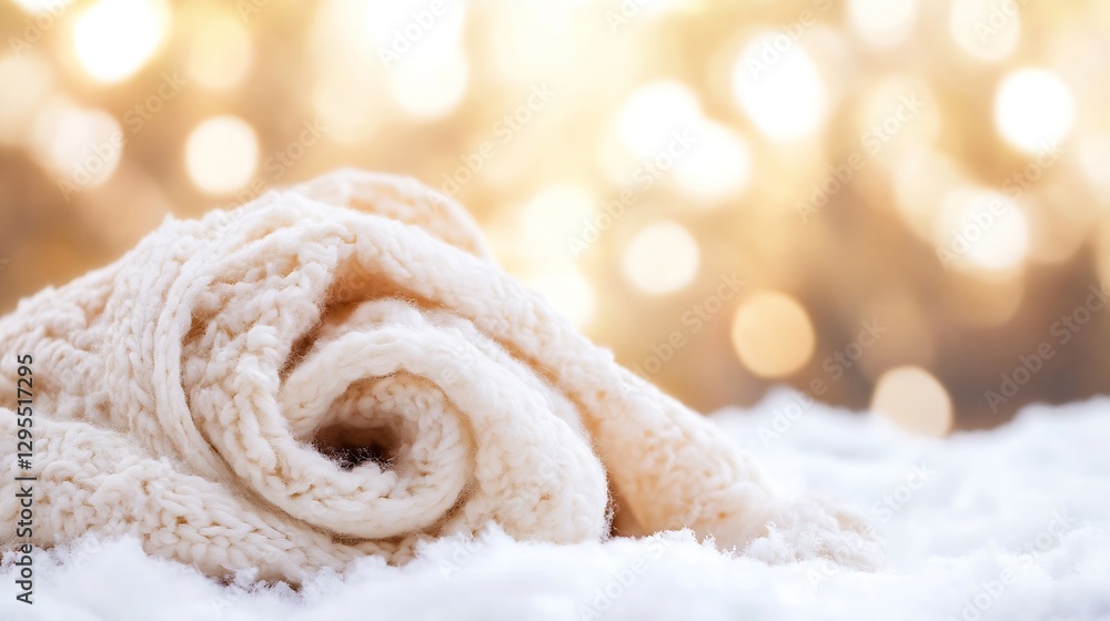 Poster cozy cream knitted scarf rolled up on soft white snow with blurred background : generative ai