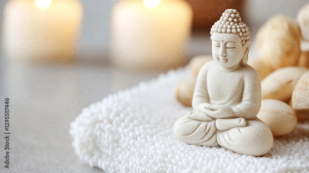 Poster peaceful buddha statue surrounded by natural elements in a spa inspired setting : generative ai
