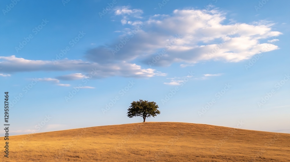 Poster lone tree standing on rolling golden hills under a bright blue sky with fluffy clouds : generative a