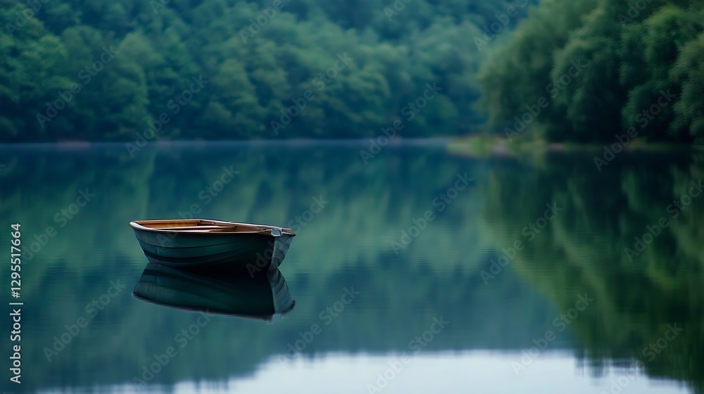 Poster serene isolated boat floating peacefully on a reflective lake surrounded by lush greenery : generati
