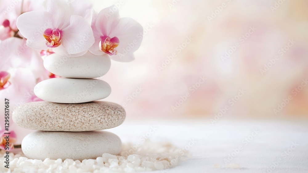 Poster tranquil spa scene with stacked stones and beautiful orchids for relaxation : generative ai