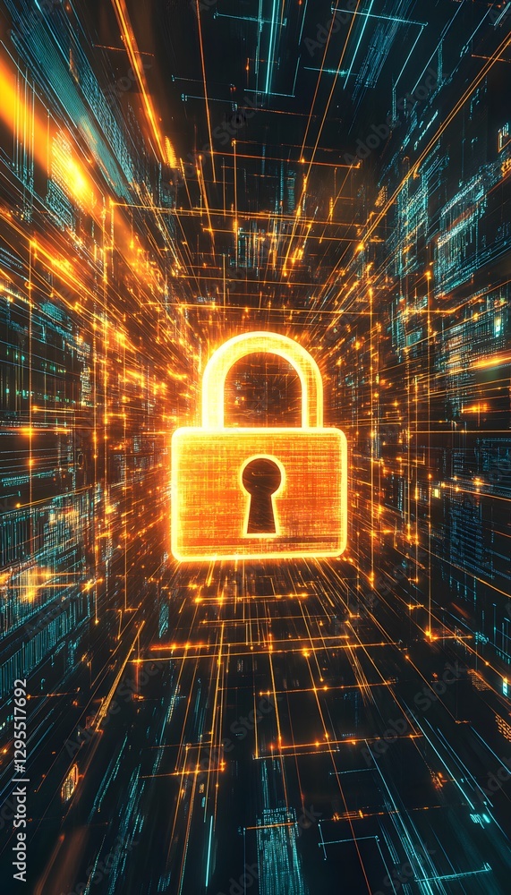 Poster glowing padlock surrounded by interconnected digital network and data