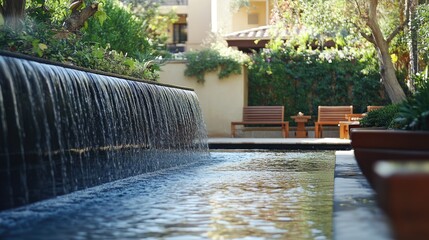 A spacious garden with a calming black granite waterfall beside a wooden seating area.