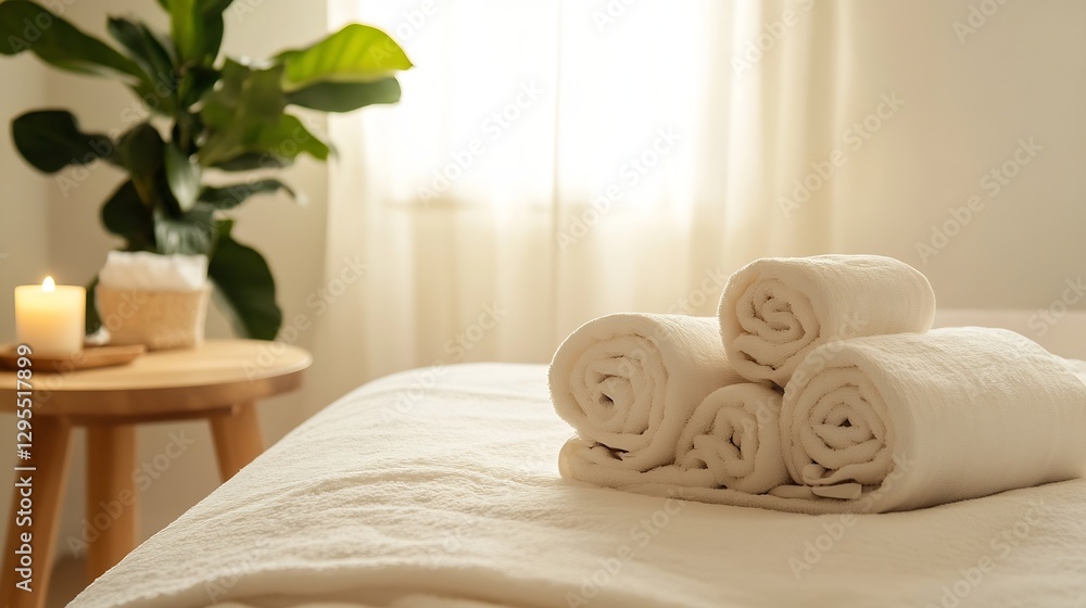 Aufkleber Pristine Spa Environment with Rolled White Towels and Candle Creating a Calming and Inviting Space : Generative AI