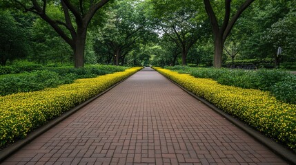 Obraz premium A straight path with symmetrical plants creating a modern look.