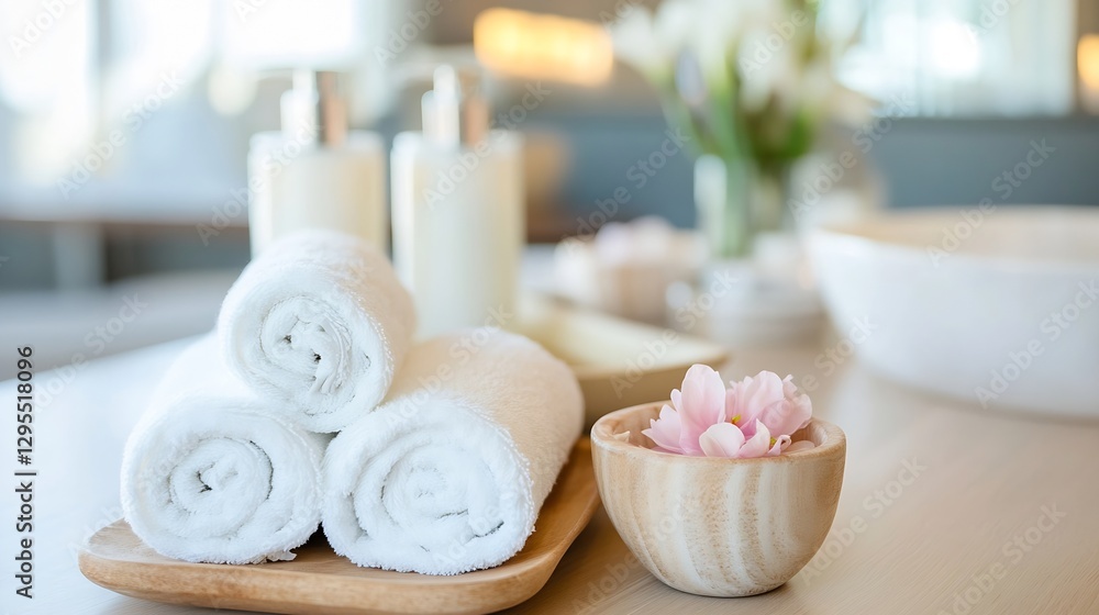 Aufkleber elegant spa essentials with towels and flowers for a relaxing ambience : generative ai
