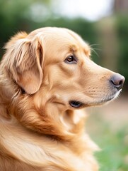 Adorable golden retriever looking thoughtfully into the distance on a sunny day : Generative AI