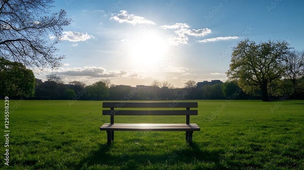 Poster elegant park bench under a radiant sunrise in a spacious green field creating a serene atmosphere fo