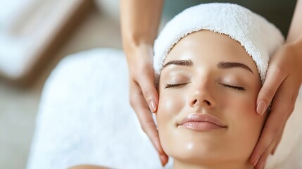 Professional therapist giving a facial massage to a woman with eyes closed enjoying the treatment : Generative AI