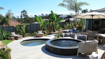 A stylish backyard with a grey-themed landscape and a striking black granite water feature.