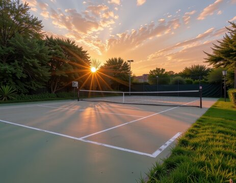 Tennis court at sunset with beautiful sky and lush surroundings near a city park