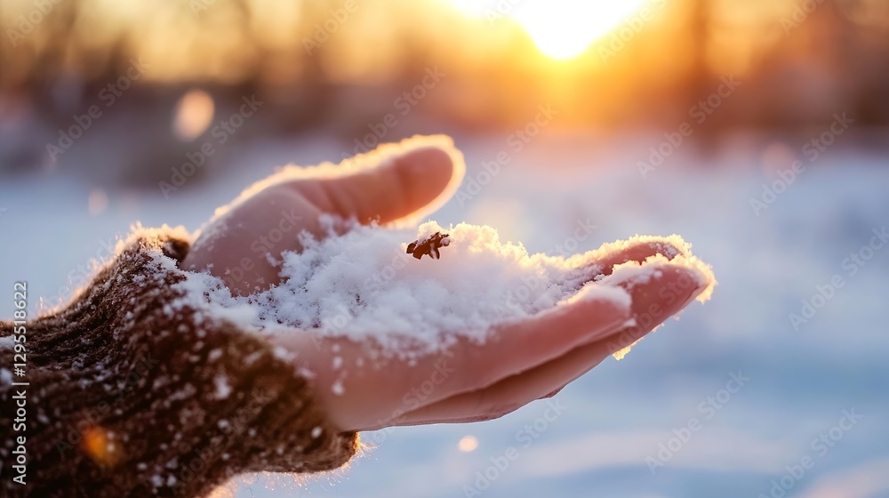 Poster captivating winter sunset hand holding snow close up with soft glow and warm background : generative