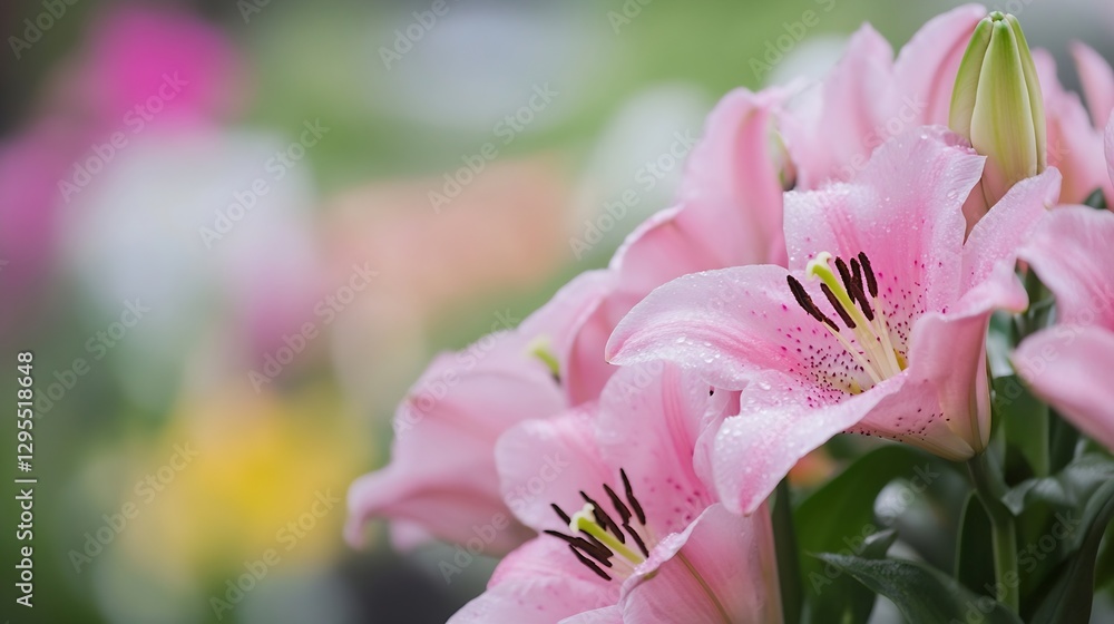 Poster Delicate Pink Lilies with Dew on Petals Creating a Fresh and Inviting Floral Display : Generative AI