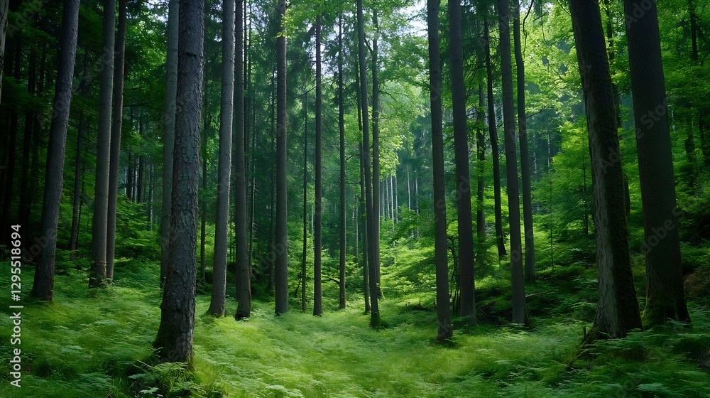Poster lush green forest with towering trees surrounded by dense foliage and sunlight filtering through : g