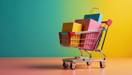 Product box and laptop on cart with shopping bag , boxes, online shopping delivery concept, retail