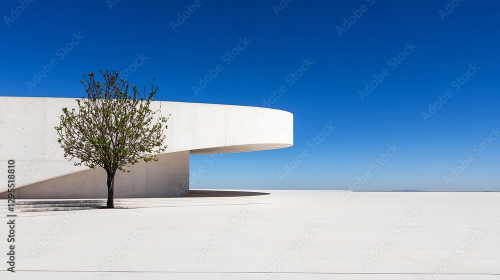 Poster Minimalistic architecture with a solitary tree beside smooth white structure under bright blue sky : Generative AI