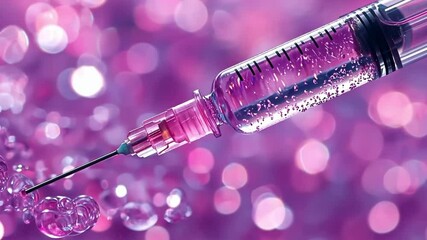 Close up of a syringe filled with colorful liquid against a vibrant background filled with bubbles